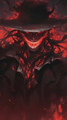 a demonic looking man wearing a hat and coat with red flames around his face in the background