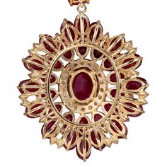 Stamped: 14K Yellow GoldTotal Necklace Weight: 36.0 GramsNecklace Length: 17 InchesNecklace Width: N/AGemstone Weight: Total Natural Center Ruby Weight is 2.35 Carat (Measures: 9.05x6.89 mm)Color: RedGemstone Weight: Total Natural Side Ruby Weight is 56.65 CaratColor: RedDiamond Weight: Total Natural Diamond Weight is 1.00 CaratColor: F-G, Clarity: VS2-SI1Face Measures: 39.77x34.99 mmSku: [702592W] Ruby And Diamond Necklace, Gold Diamond Necklace, Natural Ruby, Natural Diamonds, Gold Diamond, Diamond Necklace, Ruby, Yellow Gold, Yellow