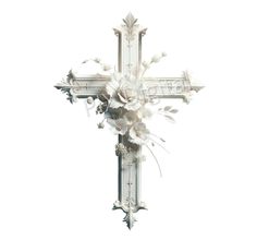 a white cross with flowers on it against a white background