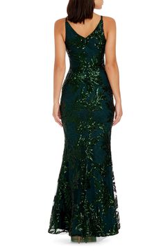 Glittering sequins shimmer against the embroidered lace of a scene-stealing evening gown with a plunge neck and floor-skimming mermaid skirt. 62" length Back zip closure Deep V-neck Lined 100% nylon Hand wash, line dry Imported Formal Evening Dresses Long, Africa Wedding, Green Sequin Dress, Lace Evening Gowns, Sequin Formal Dress, Mermaid Sequin, Evening Gown Dresses, Mermaid Skirt, Dress The Population