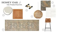 the interior design board for a home with white walls and wood accents, including rugs,