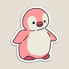 a pink and white penguin sticker sitting on top of a gray surface with its arms crossed