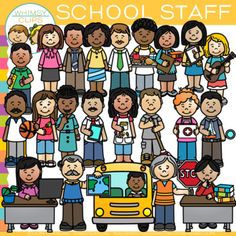 a group of children standing in front of a school bus with the words back to school staff