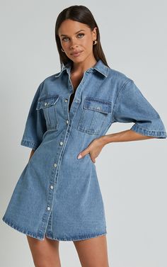 Leilani Mini Dress - Denim Short Sleeve Button Up Dress in Mid Blue | Showpo USA Denim Button Up Dress, Basic Black Dress, Neon Outfits, Spring Maxi Dress, Bachelorette Dress, Navy Bridesmaid Dresses, Denim Shirts, Dress Denim, Long Sleeve Knit Dress