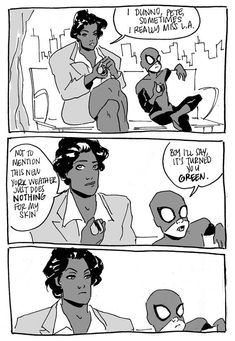 a comic strip with spider - man and woman talking to each other