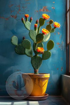 a potted plant with yellow flowers sitting in front of a blue wall and window