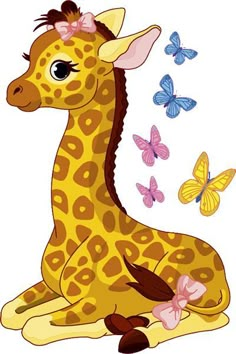 a giraffe sitting on the ground surrounded by butterflies