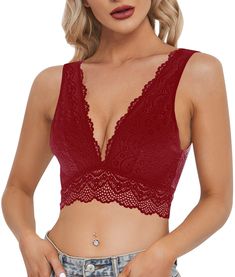 PRICES MAY VARY. Material: 89% polyamide + 11% Elastane. Using 90% Rayon lace mesh breathable elastic fabric, anti odor and anti sweat, so you will keep cool and relax in all day; Comfortable soft touch, more like your second layer of skin. Fashion Sexy lace bra design with translucent lace mesh and floral edge, always make your beauty back stand out. Deep V neck lace design, show your most attractive breast ditch and sexy clavicle. Unpadded Wireless Floral lace bra not only has a stylish look, Stretch Strap, Bra Design, Padded Bralette, Layers Of Skin, Lounge Lingerie, Crop Top Bra, Everyday Bra, Seamless Bra, Elastic Fabric