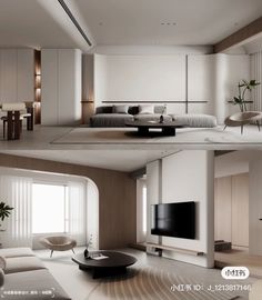 the interior of a modern living room with white furniture