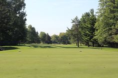 a golf course with trees and grass in the foreground