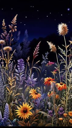 a painting of wildflowers in the night sky