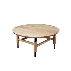 a round wooden table with black legs on a white background in the shape of a coffee table