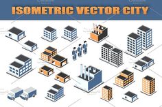 an illustrated set of buildings and skyscrapers in the style of low polygonics