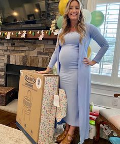 The cool-mom set for embracing your bump this summer into fall!  We’re obsessed with the fit, matching duster cardigan and ability to wear this non-pregnant.  Features a midi-length tube top dress in a soft rubbed stretched fabric.  As seen on Shawn Johnson and Dede Raad.   Color: Baby Blue, Mocha &  Raspberry Pink Maternity Blue Dress, Fall Baby Shower Outfits For Mom To Be, Maternity Dress With Cardigan, Blue Baby Shower Dress For Mom, Winter Baby Shower Dress For Mom, Fall Baby Shower Outfit For Mom, Baby Shower Look For Mom, Baby Shower Mom Outfit, Fall Baby Shower Dress