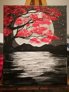 an acrylic painting of a tree with red leaves and the moon in the background