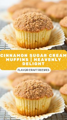 cinnamon sugar cream muffins in paper cups on a cooling rack with text overlay