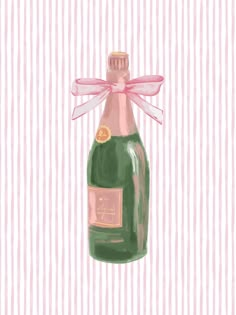 a painting of a bottle with a pink bow on it's top and stripes in the background