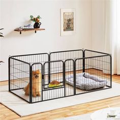 a dog is sitting in its cage on the floor