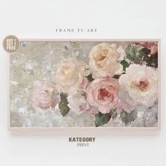 a painting with pink flowers on it in a white frame and the words frame tv art above it