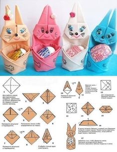 the instructions for how to make an origami cat purse with paper and scissors