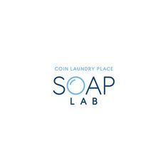 the coin laundry place soap lab logo is shown in blue on a white background, and it