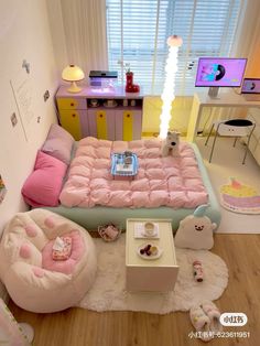 a bedroom with pink and blue furniture in the corner, including a futon bed