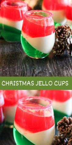 christmas jello cups with pine cones and candy on the top one is red, white and green