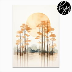 a watercolor painting of trees with the moon in the background