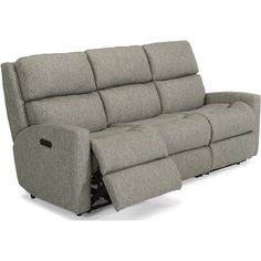 the reclining sofa is shown in grey fabric