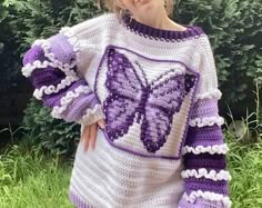 Butterfly Crochet Cardigan, Tapestry Crochet Jumper, Crochet Butterfly Sweater, Unique Crochet Sweater, Crochet Graphic Sweater, Crochet Tapestry Sweater, Cute Crochet Sweaters, Tapestry Crochet Sweater, Butterfly Tapestry