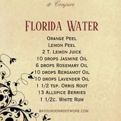 Spell Spray Recipe, Florida Water Recipe Hoodoo, Witch Oils Recipe, Lilith Oil Recipe, Magick Oil Recipes, Diy Florida Water Recipe, Oils For Spells, Spell Oil Recipe, Florida Water Recipe