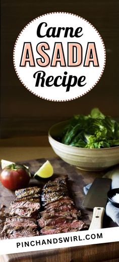 grilled steak on a cutting board next to a bowl of lettuce and tomatoes