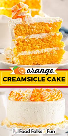 an orange cake with white frosting and the words orange creamsicle cake on it