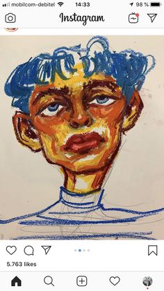 a drawing of a man with blue hair