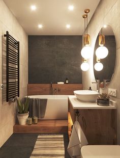 a bathroom with a bathtub, sink and toilet in the corner next to a mirror