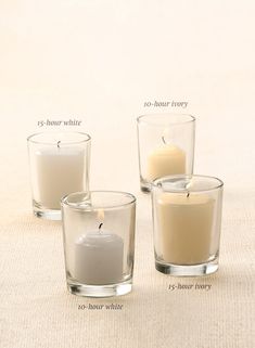 three candles are sitting in glass cups with labels describing the different sizes and types of them