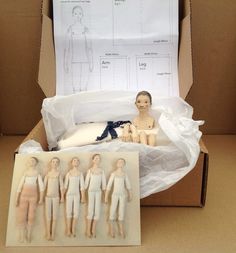 an open cardboard box with dolls in it and instructions on how to fit the mannequins