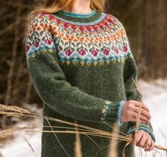 a woman standing in the snow wearing a green sweater with colorful fair - knit details