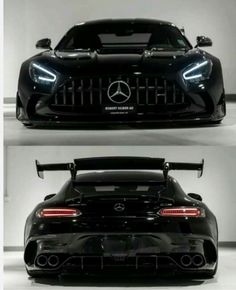 the front and back view of a black mercedes sports car