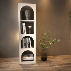 a white book shelf with books on it next to a potted plant and vase