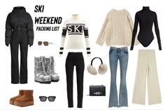 What to pack for the ultimate ski vacation! Cute and minimalist, capsule wardrobe to make packing chic and easy 🤍 Ski Capsule Wardrobe, Ski Weekend Packing List, Ski Packing, Ski Wardrobe, Ski Trip Packing List, Weekend Packing List, Ski Chic, Ski Weekend