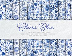 blue and white floral paper with the words china blue on it, in front of a background