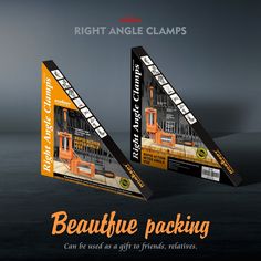 an advertisement for the right angle clamps is shown in two different colors and sizes