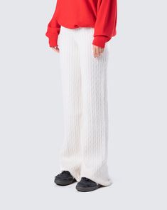 Some wide-leg pants but with a lil twist 😉 Made from sweater knit fabric, complete with a cable knit pattern, mid-rise fit, and elastic waistband - these knit babies will be keeping you warm and cozy on all your chill days ☃️ Winter Full-length Pants With Ribbed Waistband, Casual Wide Leg Full Length Pants For Winter, Casual Wide Leg Pants For Winter, Trendy Ribbed Winter Bottoms, Stretch Knit High-waisted Pants, Winter Wide Leg Stretch Cotton Pants, Winter Stretch Cotton Wide Leg Pants, Trendy Winter Wide Leg Full-length Pants, Trendy Full-length Wide Leg Pants For Winter