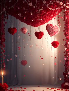 red hearts floating in the air next to a candle and curtain with roses on it