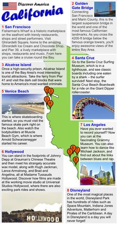 an info sheet showing the locations and attractions in california, with information about each area