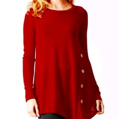 Long Blouse With Buttons On The Side Very Cute New With Tags Red Crew Neck Blouse For Fall, Red Long Sleeve Blouse With Buttons, Casual Red Long Sleeve Blouse, Fall Crew Neck Blouse With Buttons, Red Buttoned Tops For Fall, Red Crew Neck Top With Buttons, Casual Long Sleeve Burgundy Blouse, Burgundy Long Sleeve Top With Buttons, Chic Red Crew Neck Blouse