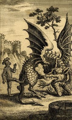 an old drawing of a dragon attacking a man