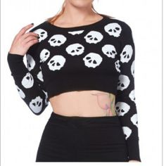 "Allover Skulls" Cropped Sweater By Jawbreaker 100% Cotton, Ladies Sweater Super Soft Fabric Full Length 15.5 Inches Pit To Pit 19 Inches Across Sleeve 24" On Size Xl Goth Sweater, Skull Pattern, Alt Fashion, Crop Sweater, Goth Outfits, Dark Fashion, Crop Sweatshirt, Printed Sweater