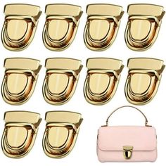 nine pairs of women's purses with gold handles and matching handbags, all in different colors